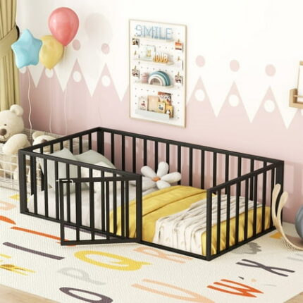 Twin Size Metal Floor Bed Montessori Bed Frame with Safety Guardrails and Door Metal Montessori Bedframe for Child Girls Boys No Box Spring Needed Black