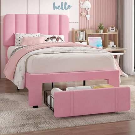 Twin Size Upholstered Bed Frame with 4 Drawers and Headboard Velvet Platform Storage Bedframe Wooden Slats Support No Box Spring Needed Pink