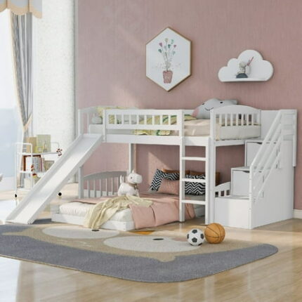 Twin over Twin Bunk Bed Frame with 2 Storage Drawers Stairway Beds Frame with Slide Wooden Bedframe with Guardrails Easy Assembly Mattress Not Included White