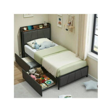 Twin/Full/Queen/King Size Bed Frame With 2 Storage Drawers And Charging Station Rustic Linen Upholstered Platform Bedframe With Storage Headboard Heavy Duty No Box Spring Needed Easy Assembly N