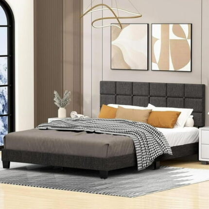 Upholstered Bed Frame Queen Size: Grey Queen Bed Frame with Headboard Platform Frames Modern Luxury Soft Bedframe in Gray Fabric Linen Gray Grid