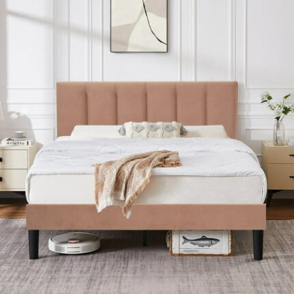 VECELO Full Bed Frame with Upholstered Headboard Heavy-Duty Platform Bedframe with Strong Wooden Slats Support No Boxing Spring Needed Coffe