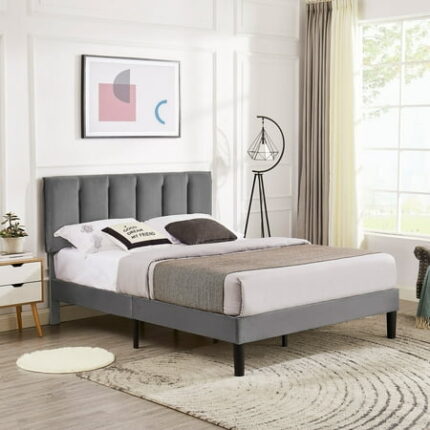 VECELO Full Bed Frame with Upholstered Headboard Heavy-Duty Platform Bedframe with Strong Wooden Slats Support No Boxing Spring Needed Dark Gray
