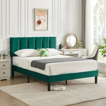 VECELO Full Bed Frame with Upholstered Headboard Heavy-Duty Platform Bedframe with Strong Wooden Slats Support No Boxing Spring Needed Dark Green