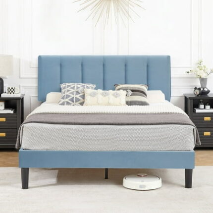 VECELO Full Bed Frame with Upholstered Headboard Heavy-Duty Platform Bedframe with Strong Wooden Slats Support No Boxing Spring Needed Light Blue