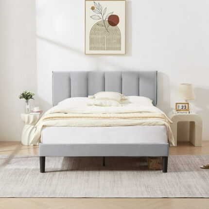 VECELO Full Bed Frame with Upholstered Headboard Heavy-Duty Platform Bedframe with Strong Wooden Slats Support No Boxing Spring Needed Light Gray