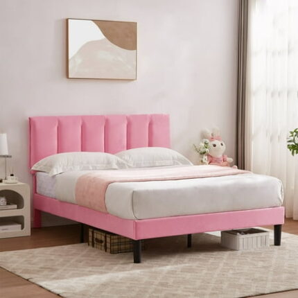 VECELO Full Bed Frame with Upholstered Headboard Heavy-Duty Platform Bedframe with Strong Wooden Slats Support No Boxing Spring Needed Pink