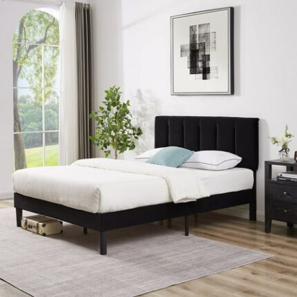 VECELO Full Bed Frame with Upholstered Headboard Heavy-Duty Platform Bedframe with Strong Wooden Slats Support No Boxing Spring Needed White