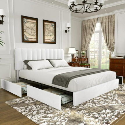 VECELO Full Size Upholstered Bed Frame with 4 Drawers and Headboard Velvet Platform Storage Bedframe Wooden Slats Support No Box Spring Needed Bone Beige