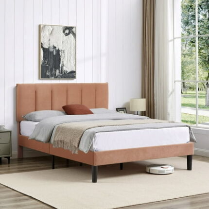VECELO Queen Bed Frame with Upholstered Headboard Heavy-Duty Platform Bedframe with Strong Wooden Slats Support No Boxing Spring Needed Coffe