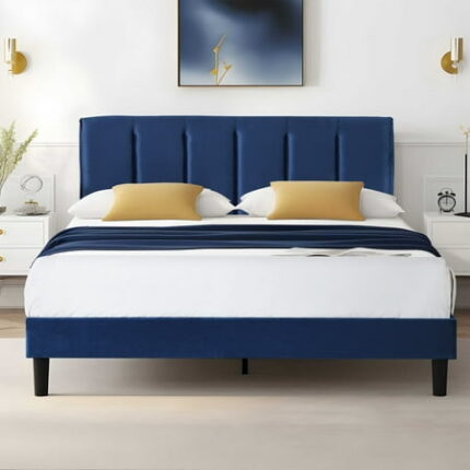 VECELO Queen Bed Frame with Upholstered Headboard Heavy-Duty Platform Bedframe with Strong Wooden Slats Support No Boxing Spring Needed Dark Blue