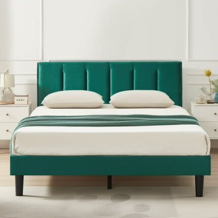 VECELO Queen Bed Frame with Upholstered Headboard Heavy-Duty Platform Bedframe with Strong Wooden Slats Support No Boxing Spring Needed Dark Green