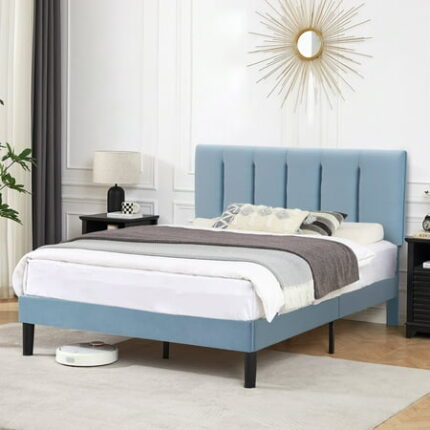 VECELO Queen Bed Frame with Upholstered Headboard Heavy-Duty Platform Bedframe with Strong Wooden Slats Support No Boxing Spring Needed Light Blue