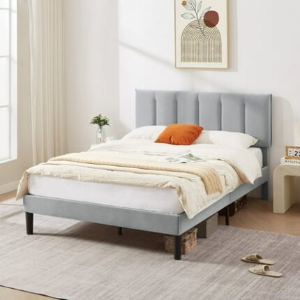 VECELO Queen Bed Frame with Upholstered Headboard Heavy-Duty Platform Bedframe with Strong Wooden Slats Support No Boxing Spring Needed Light Gray