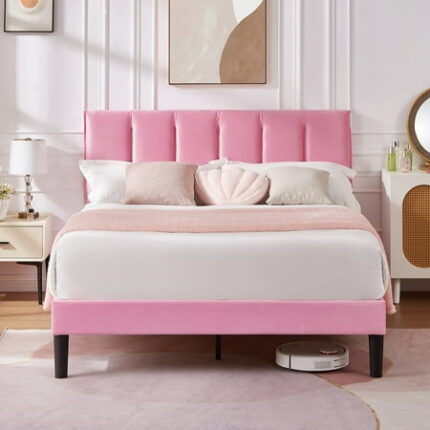 VECELO Queen Bed Frame with Upholstered Headboard Heavy-Duty Platform Bedframe with Strong Wooden Slats Support No Boxing Spring Needed Pink