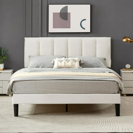 VECELO Queen Bed Frame with Upholstered Headboard Heavy-Duty Platform Bedframe with Strong Wooden Slats Support No Boxing Spring Needed White