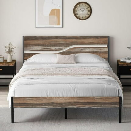 VECELO Queen Size Metal Bed Frame with Wooden Headboard and Footboard Industrial Queen Platform Bed No Box Spring Needed Metal Bedframe Easy to Assemble Noise Free Mattress Foundation Black