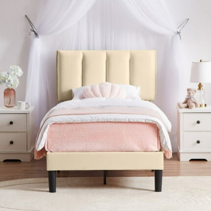 VECELO Twin Bed Frame with Upholstered Headboard Heavy-Duty Platform Bedframe with Strong Wooden Slats Support No Boxing Spring Needed Beige