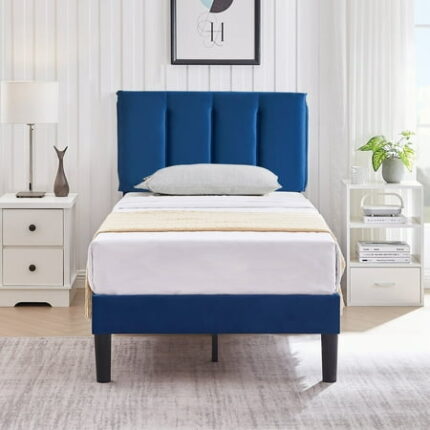 VECELO Twin Bed Frame with Upholstered Headboard Heavy-Duty Platform Bedframe with Strong Wooden Slats Support No Boxing Spring Needed Dark Blue
