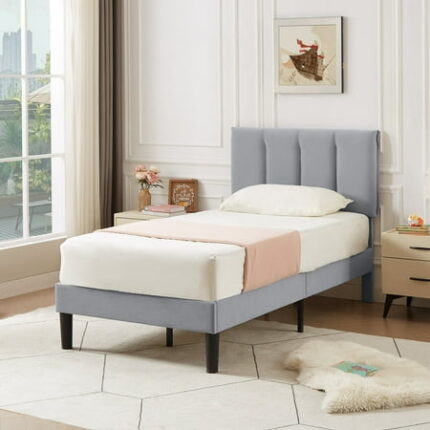 VECELO Twin Bed Frame with Upholstered Headboard Heavy-Duty Platform Bedframe with Strong Wooden Slats Support No Boxing Spring Needed Light Gray