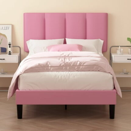 VECELO Twin Bed Frame with Upholstered Headboard Heavy-Duty Platform Bedframe with Strong Wooden Slats Support No Boxing Spring Needed Pink