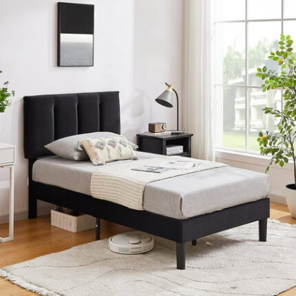 VECELO Twin Bed Frame with Upholstered Headboard Heavy-Duty Platform Bedframe with Strong Wooden Slats Support No Boxing Spring Needed White