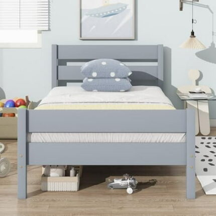 Wood Bed Frame Twin Wooden Twin Bed Frame with Headboard and Footboard Platform Bedframe for Kids Teens Adult No Box Spring Required