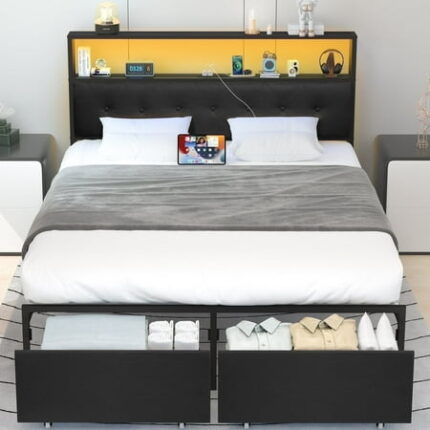 Yoobure Queen Bed Frame with Headboard Metal Platform Bed Frame Queen Size Heavy Duty Bed Frames with 2 Storage Drawers Bedframe with Charging Station & LED Light No Box Spring Needed Noise Free