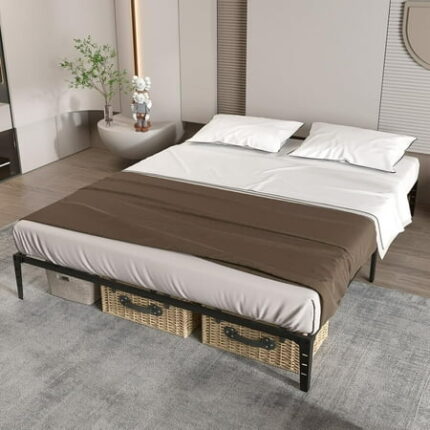 14 inch Queen Bed Frame Matte Black Metal Platform Bed Frame with Wrought Rod Slats Bedframe No Box Spring Needed Base Beds Foundation Easy Assembly Storage Space Under Beds (Queen Size)