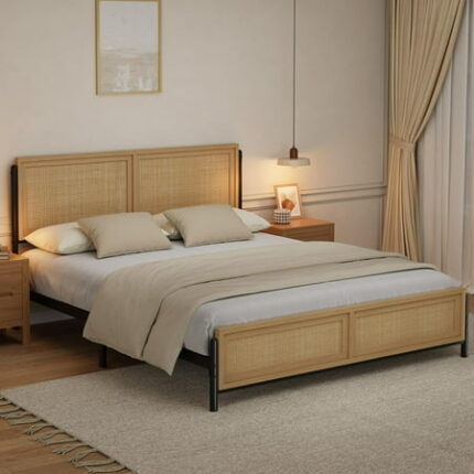 Danolapsi Boho Queen Size Bed Frame with Natural Rattan Headboard and Footboard Wooden Queen Platform Bed No Box Spring Needed 14 inch Noise-Free Easy Assemble Metal Bedframe