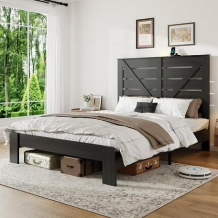 FSTAR Full Size Wooden Bed Frame with Headboard Rustic Farmhouse Bedframe with Charging Station & Led Lights Heavy Duty Metal Slats Noise Free No Box Spring Needed (Black Full)