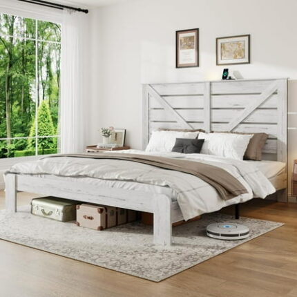 FSTAR King Size Wooden Bed Frame with Headboard Rustic Farmhouse Bedframe with Charging Station & Led Lights Heavy Duty Metal Slats Noise Free No Box Spring Needed White