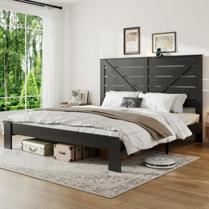 FSTAR King Size Wooden Bed Frame with Headboard Rustic Farmhouse Bedframe with Charging Station & Led Lights Heavy Duty Metal Slats Noise Free No Box Spring Needed Black
