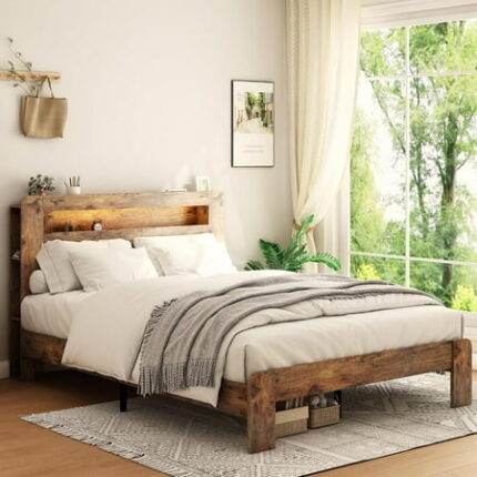 FSTAR King Size Wooden Bed Frame with Headboard & Storage Bookshelf Farmhouse Bedframe with Charging Station & Led Lights No Noise No Box Spring Needed Rustic Brown