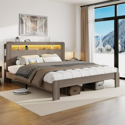 FSTAR King Size Wooden Bed Frame with Headboard & Storage Bookshelf Farmhouse Bedframe with Charging Station & Led Lights No Noise No Box Spring Needed