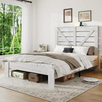 FSTAR Queen Size Wooden Bed Frame with Headboard Rustic Farmhouse Bedframe with Charging Station & Led Lights Heavy Duty Metal Slats Noise Free No Box Spring Needed White