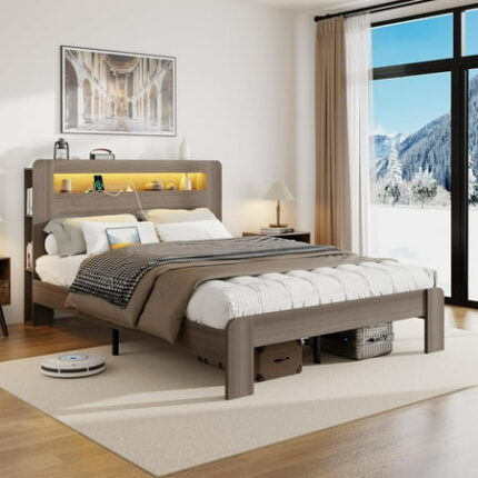 FSTAR Queen Size Wooden Bed Frame with Headboard & Storage Bookshelf Farmhouse Bedframe with Charging Station & Led Lights No Noise No Box Spring Needed Light Brown