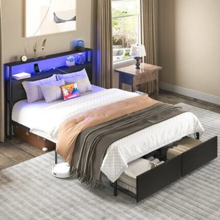 Full Size Bed Frame with 2 Drawers Metal Platform Bed Frame with Storage Headboard Bedframe with USB Charging Station & LED Black