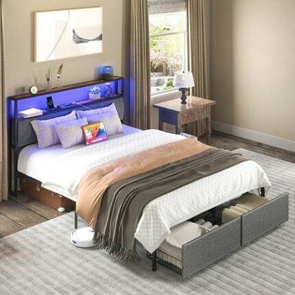 Full Size Bed Frame with 2 Drawers Metal Platform Bed Frame with Storage Headboard Bedframe with USB Charging Station & LED Gray