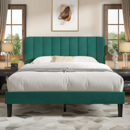 Full Size Bed Frame with Upholstered Headboard Velvet Platform Bedframe Mattress Foundation Strong Wood Slat Support No Box Spring Needed Green