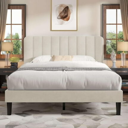 Full Size Bed Frame with Upholstered Headboard Velvet Platform Bedframe Mattress Foundation Strong Wood Slat Support No Box Spring Needed Velvet Beige
