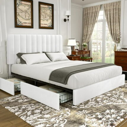 King Size Upholstered Bed Frame with 4 Drawers and Headboard Velvet Platform Storage Bedframe Wooden Slats Support No Box Spring Needed Snow-White