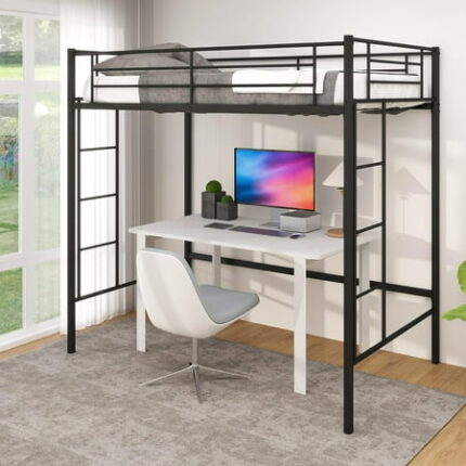 Loft Bed Twin Size Metal Bedframe with Dual Ladders and Safety Guardrail Heavy Duty Twin Loft Bunk Beds Frame for Juniors Teens Adults Noise-Free Space-Saving No Box Spring Needed (Black)