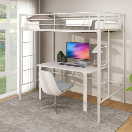 Loft Bed Twin Size Metal Bedframe with Dual Ladders and Safety Guardrail Heavy Duty Twin Loft Bunk Beds Frame for Juniors Teens Adults Noise-Free Space-Saving No Box Spring Needed (White)