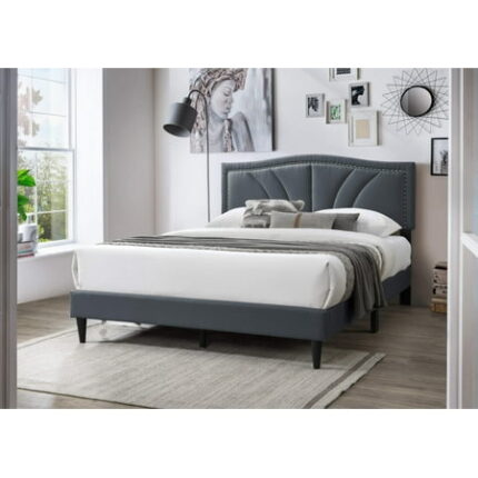 Modern Vintage Look 1Pc Queen Size Bed Charcoal Burlap Fabric Trim Accents Headboard Bedframe Box Spring Not Required Queen Charcoal Wood Bedroom Contemporary Modern Bed Frame Burlap