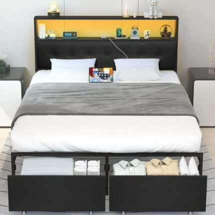 Queen Bed Frame with Headboard Black Platform Bed Frame Queen Size Heavy Duty Bed Frames with 2 Storage Drawers Bedframe with Charging Station & LED Light No Box Spring Needed Noise Free