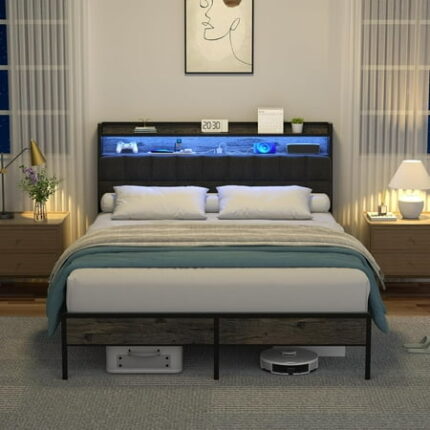 Queen Size Bed Frame Full Bed Frame Ergonomic Headboard with Multi-Space Storage Bedframe with Charging Station RGB LED Lights King Size Bed Frame