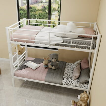 Queen Size Bed Frame Twin Over Twin Metal Bunk Bed for Kids Boys Girls Metal Structure Bedframe with Ladders & Guardrail Convertible 2 Beds No Spring Box Required King Size Bed Frame