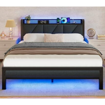 Queen Size Bed Frame with Headboard and LED Lights Upholstered Bedframe with Charging Station and USB Port Platform Metal Bed Frames No Box Spring Needed Noise Free