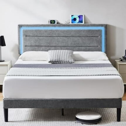 Queen Size Bed Frame with LED Lights and Charging Station Chenille Upholstered Platform Queen Bed Frame with Headboard No Box Spring Needed Bedframe Noise Free Easy Assembly Gray